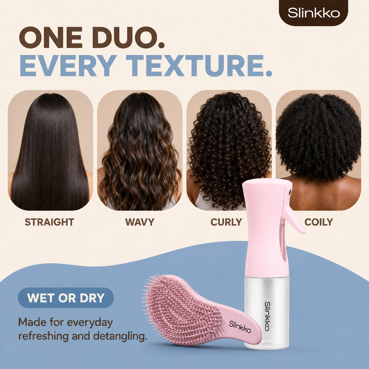 Rose Clay Curl Set — Wave Detangling Brush + Continuous Mist Spray Bottle