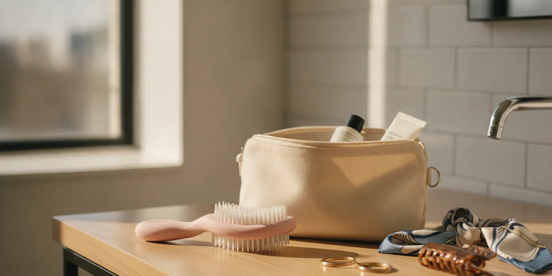 Slinkko Wave Detangling Brush resting beside a neatly packed travel toiletry pouch