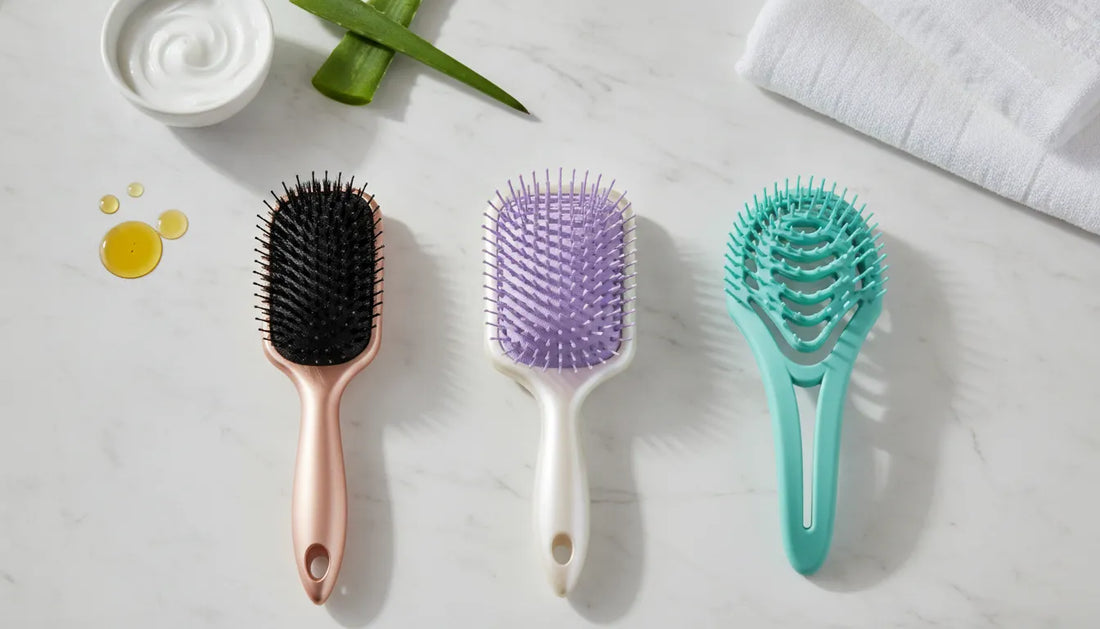 Best detangling brushes for breakage-prone hair in rose gold, lavender, and teal.
