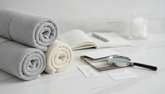 Gray and cream microfiber hair towel 2-pack, rolled with product tags.