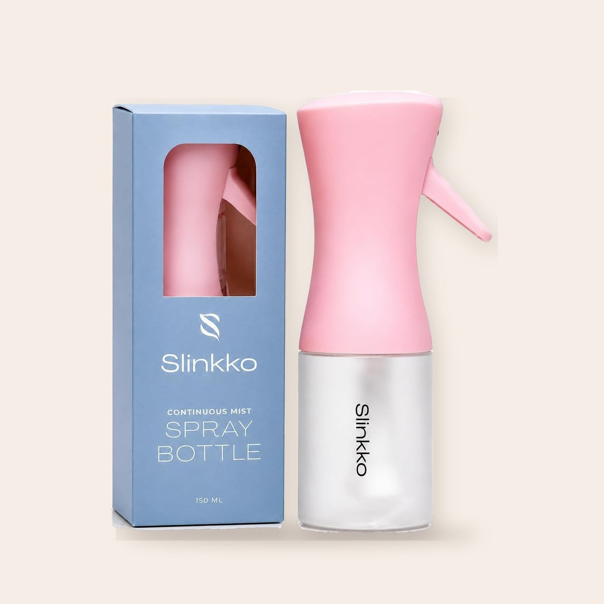 Slinkko continuous mist spray bottle in pink with its box