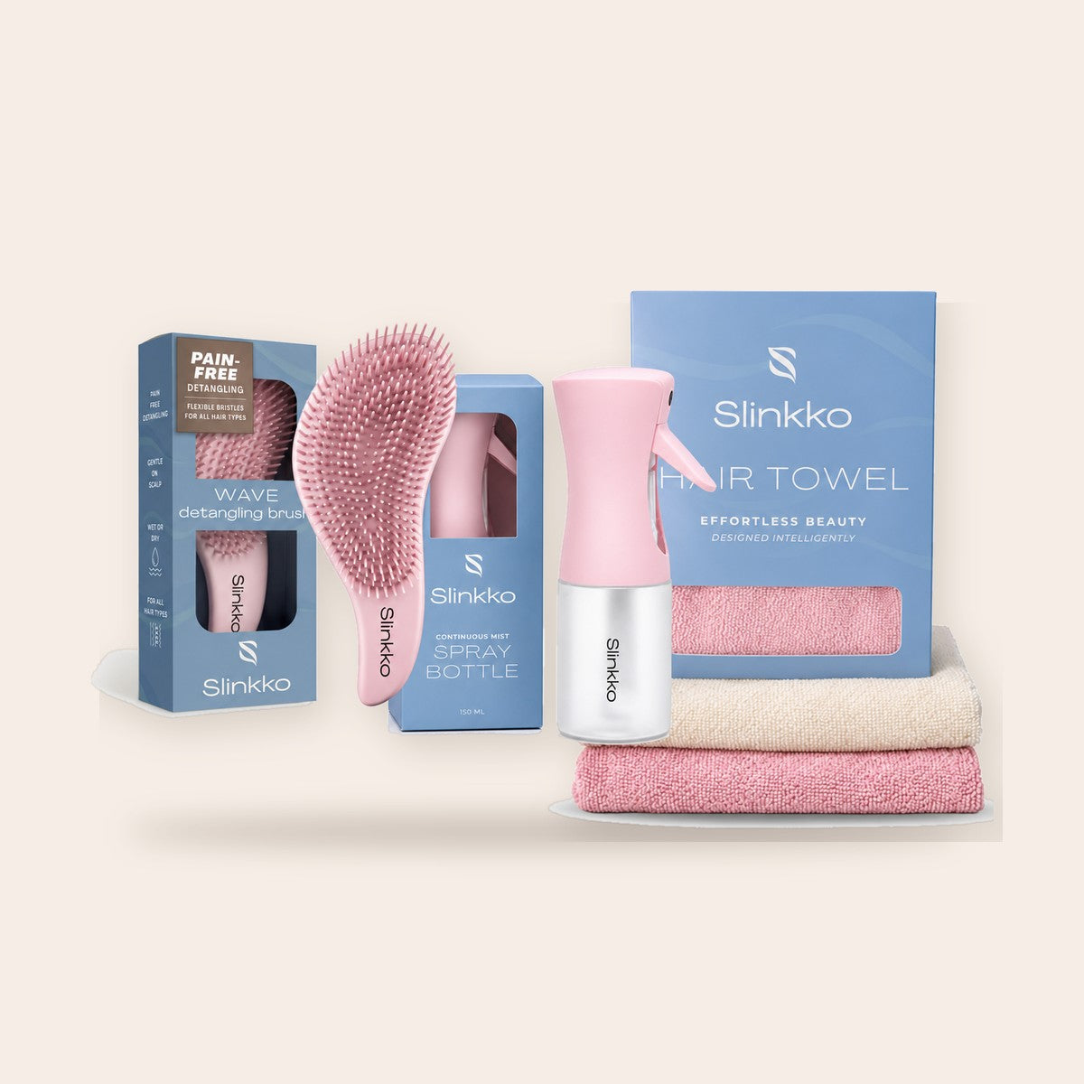 Slinkko full care bundle: Wave brush, spray bottle and hair towel in packaging