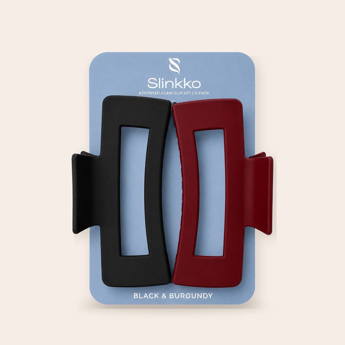 Slinkko large hair claw clips, black and burgundy, on their packaging card