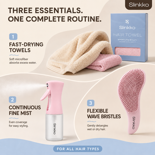 Full Care Bundle — Pink Curl Care Set — Wave Brush, Mist Spray Bottle + Microfiber Towel 2-Pack