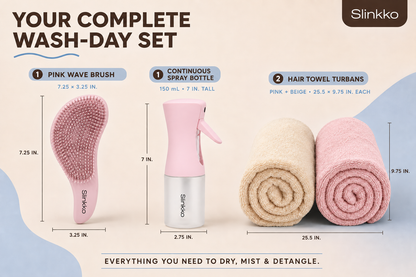 Full Care Bundle — Pink Curl Care Set — Wave Brush, Mist Spray Bottle + Microfiber Towel 2-Pack